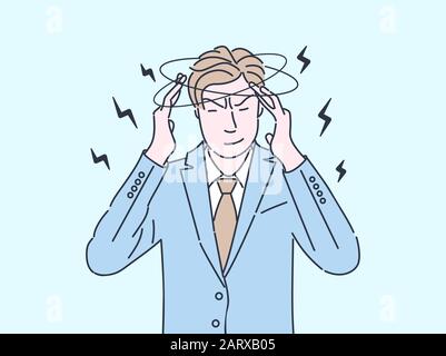 Tired businessman flat vector illustration. Man feeling exhausted and unhealthy, having headache, dizziness isolated cartoon character with outline. Stressed, overworked employee with migraine Stock Vector