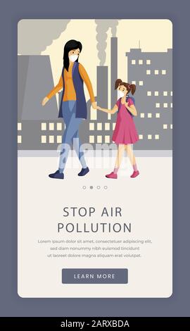 Stop air pollution app screen template. Industrial emissions problem responsive smartphone website with people in masks flat characters. Protection against urban smog, dust cartoon UI interface Stock Vector