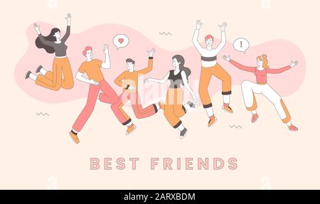 Friendship day celebration banner vector template. Best friends dancing together, cheerful men and women cartoon characters. Joyful young adults in casual clothes having fun outline illustration Stock Vector