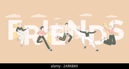 Friends word concept banner template. Togetherness and community concept, friendship day celebration poster design. Happy young people, cheerful men and women jumping in air vector illustration Stock Vector