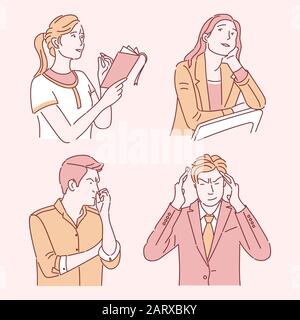 People thinking flat vector illustrations set. Thoughtful and dreaming young women, confused businessman isolated cartoon characters with outline. Caucasian adults solving problem, making decision Stock Vector