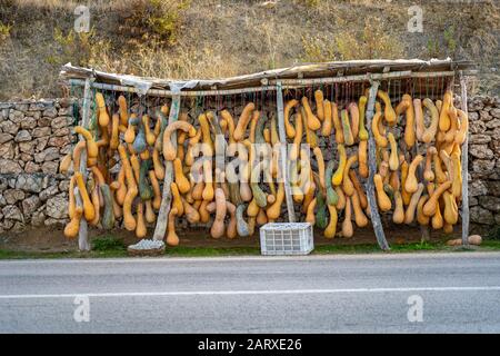 A roadside market near Fes in Morocco selling a weirdly shaped squash Stock Photo