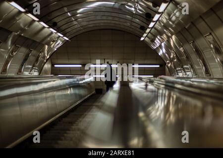 Prague, Czech Republic, January 29 2020 - Undergroung Namesti Miru metro subway station in Prague long escalator Stock Photo