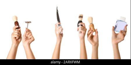 Hands with different tools for shaving on white background Stock Photo