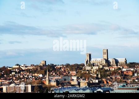 A  Panorama Lincoln City including incoln Cathedral and Lincoln Castle taken from the Lincolnshire Peace garden International Bomber Command Centre Stock Photo