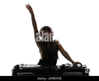 Silhouette of female dj playing music on white background Stock Photo