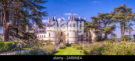 Castle or chateau de Chaumont-sur-Loire, France. This old castle is a landmark of Loire Valley. Panoramic scenic view of the French castle in summer. Stock Photo