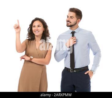 Portrait of young business people using virtual screen on white background Stock Photo