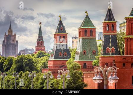 The Moscow Kremlin in summer, Russia. The Moscow Kremlin is the residence of the Russian president and the main tourist attraction of Moscow. Stock Photo