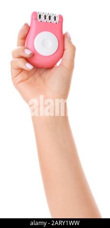Female hand with modern epilator on white background Stock Photo