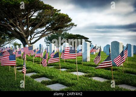 Flags over the graves of veterans on Memorial Day at a southern California cemetery. Stock Photo