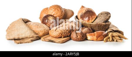 Assortment of fresh bakery products on white background Stock Photo