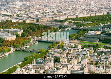 View of Paris from the Eiffel Tower, France. The river Seine. Stock Photo