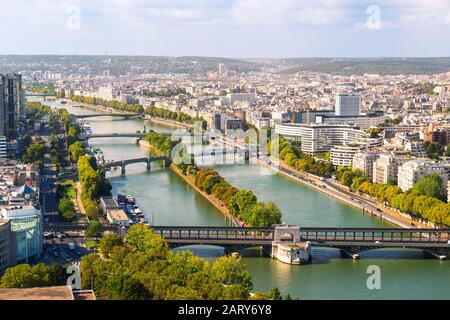 View of Paris from the Eiffel Tower, France. The River Seine. Stock Photo