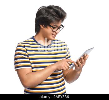 Male Asian programmer with tablet computer on white background Stock Photo