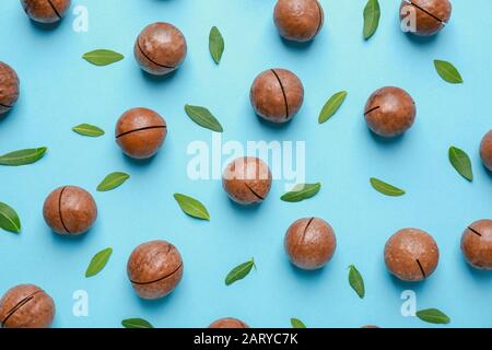 Tasty macadamia nuts on color background Stock Photo