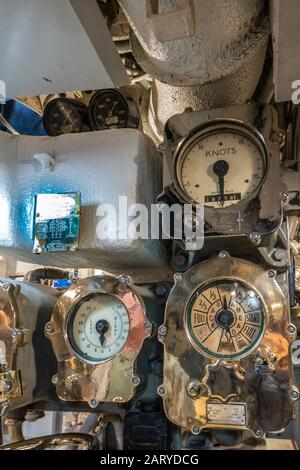 Oahu, Hawaii, USA. - January 10, 2020: Pearl Harbor. Speed dials and measuring equipment in long submarine USS Bowfin. Stock Photo