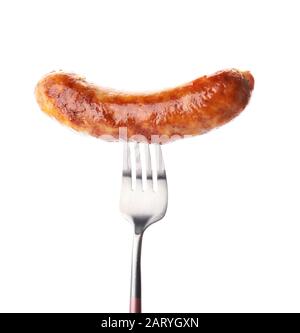 Fork with grilled sausage on white background Stock Photo