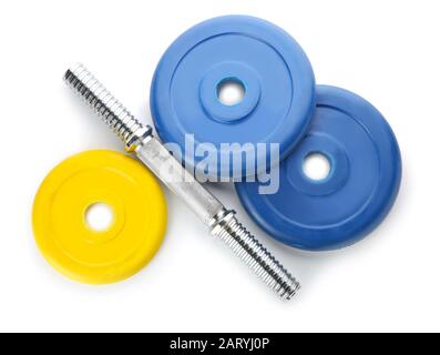 Barbell plates with grip on white background Stock Photo