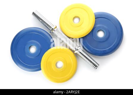 Barbell plates with grip on white background Stock Photo