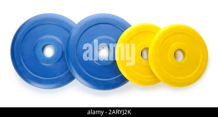 Barbell plates on white background Stock Photo