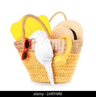 Composition with beach accessories on white background Stock Photo