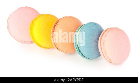 Different tasty macarons on white background Stock Photo