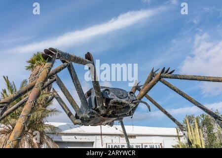 A gigantic spider sculpture made with welded parts including a Volkswagen Beetle stands outside of a business along Indian Canyon Rd in Palm Springs. Stock Photo