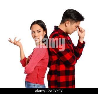Quarreled Asian couple on white background Stock Photo