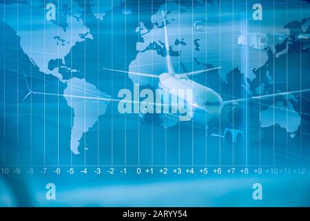 Double exposure of airplane on runway and world map Stock Photo