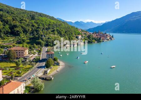 Buildings on peninsula by Lake Como in Lombardy, Italy Stock Photo