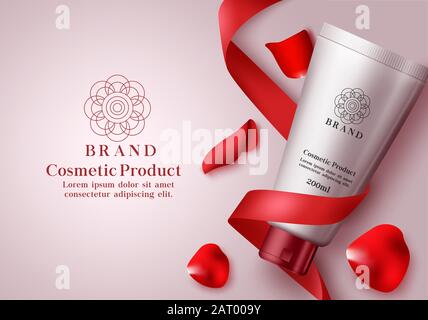 Cosmetic product vector banner template. Cosmetic product or mock up lotion bottle for body whitening and moisturizing with red cap, ribbon and rose. Stock Vector