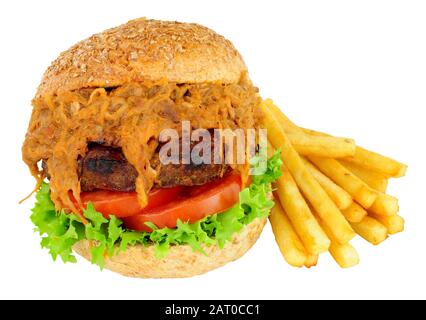 Beef burger with slow cooked pulled pork and salad isolated on a white background Stock Photo