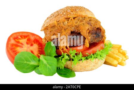 Beef burger with slow cooked pulled pork and salad isolated on a white background Stock Photo