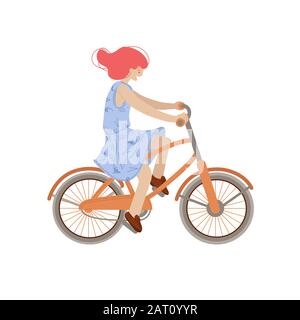 Cute girl ride a city bike. Smiling happy woman on a bicycle, vector illustration, doing summer sport activities, isolated on white background Stock Vector