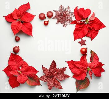 Beautiful Christmas composition with poinsettia on white background Stock Photo