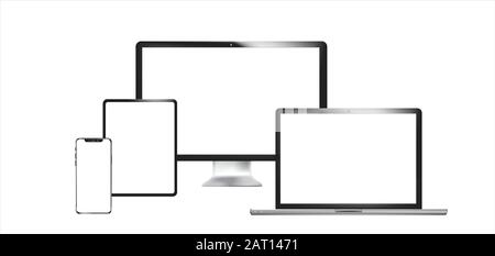Set of realistic phone, tablet, laptop and PC. Vector graphic Stock Vector