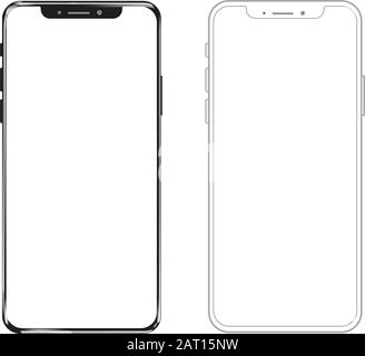 Smartphone mockup and outline . New black frameless smartphone mockup with white screen. Isolated on white background. Stock Vector