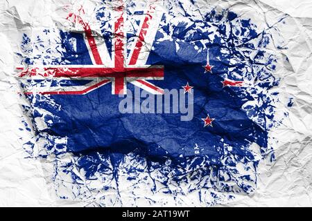 The national flag of the New Zealand  is painted on crumpled paper. Flag printed on the sheet. Flag image for design on flyers, advertising. Stock Photo
