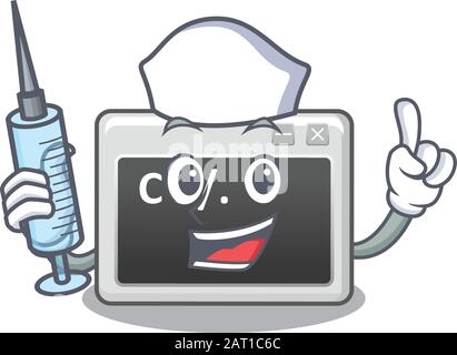 Smiley Nurse command window cartoon character with a syringe Stock Vector