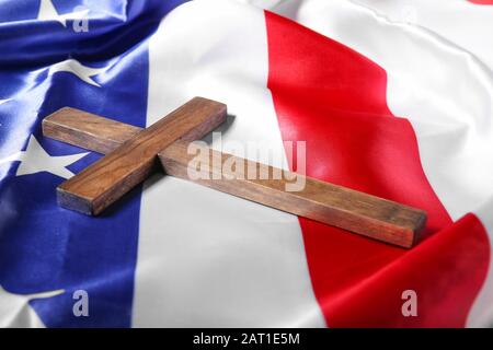 Christian cross on USA flag Stock Photo