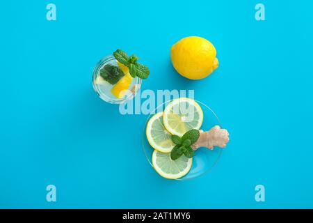 Composition with tasty ginger lemonade on color background Stock Photo