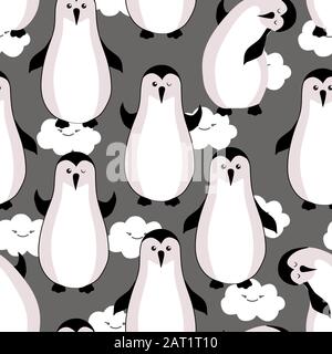 Seamless pattern with cute pinguins with clouds and stars on grey background Stock Vector