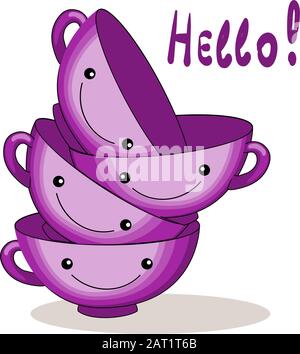 pink cups. Funny characters for breakfast. Template for postcard, print or poster. food icons in kawaii style with smiling face Stock Vector