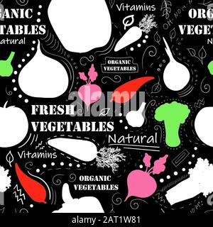 Vegetarian seamless pattern with carrot, tomato, radish, green peas, abstract elements. Colorful modern background. Vegetables on black background.. Stock Vector
