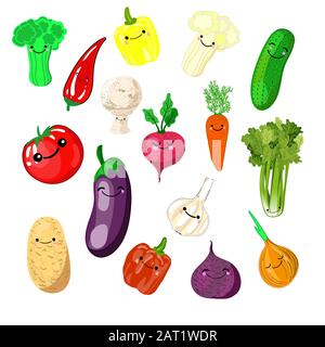 A set of kawaii stickers or patches with - vegetables - tomatoes, cucumbers, radishes, onions, pollock, eggplants, broccoli, celery, cauliflower Stock Vector