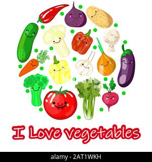 Colorful cartoon vegetables icons in round isolated on white. Vector illustration of fresh organic vegetable banner used for magazine, book, poster Stock Vector