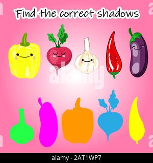 Find the right shade of vegetable. Educational game for children. Find the right shadow. Kids activity with cartoon vegetables... Stock Vector