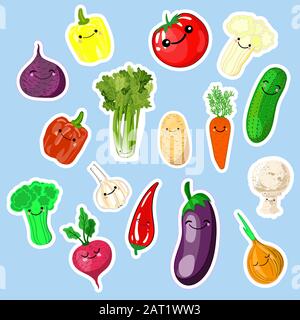 A set of kawaii stickers or patches with - vegetables - tomatoes, cucumbers, radishes, onions, pollock, eggplants, broccoli, celery, cauliflower Stock Vector