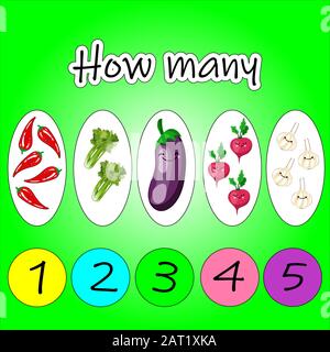 Counting Game for Preschool Children. Educational a mathematical game. Count how many fruits, vegetables and write the result Stock Vector